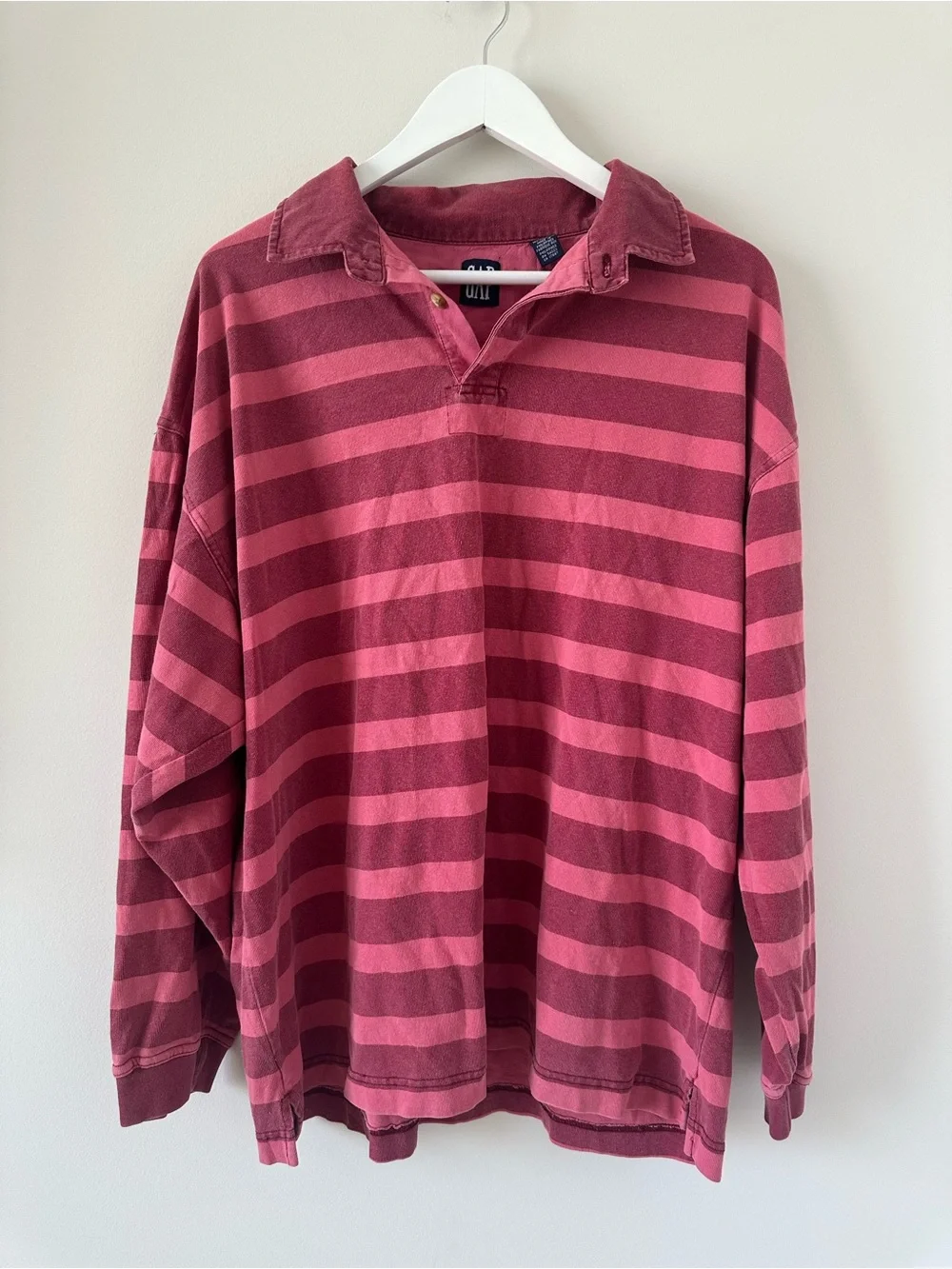 GAP Men’s Vintage Rugby Tee Red Striped Long Sleeve Henley Tshirt Sweater XL VTG